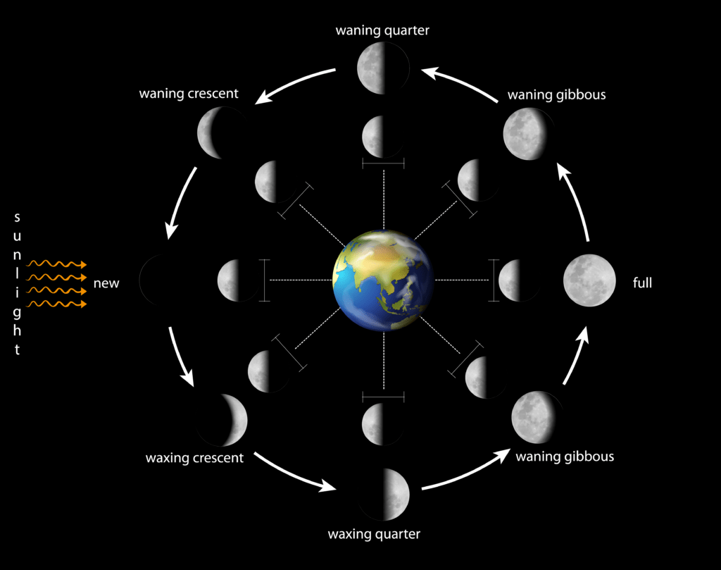 Sun, Earth, Moon geometry and lunar phases.